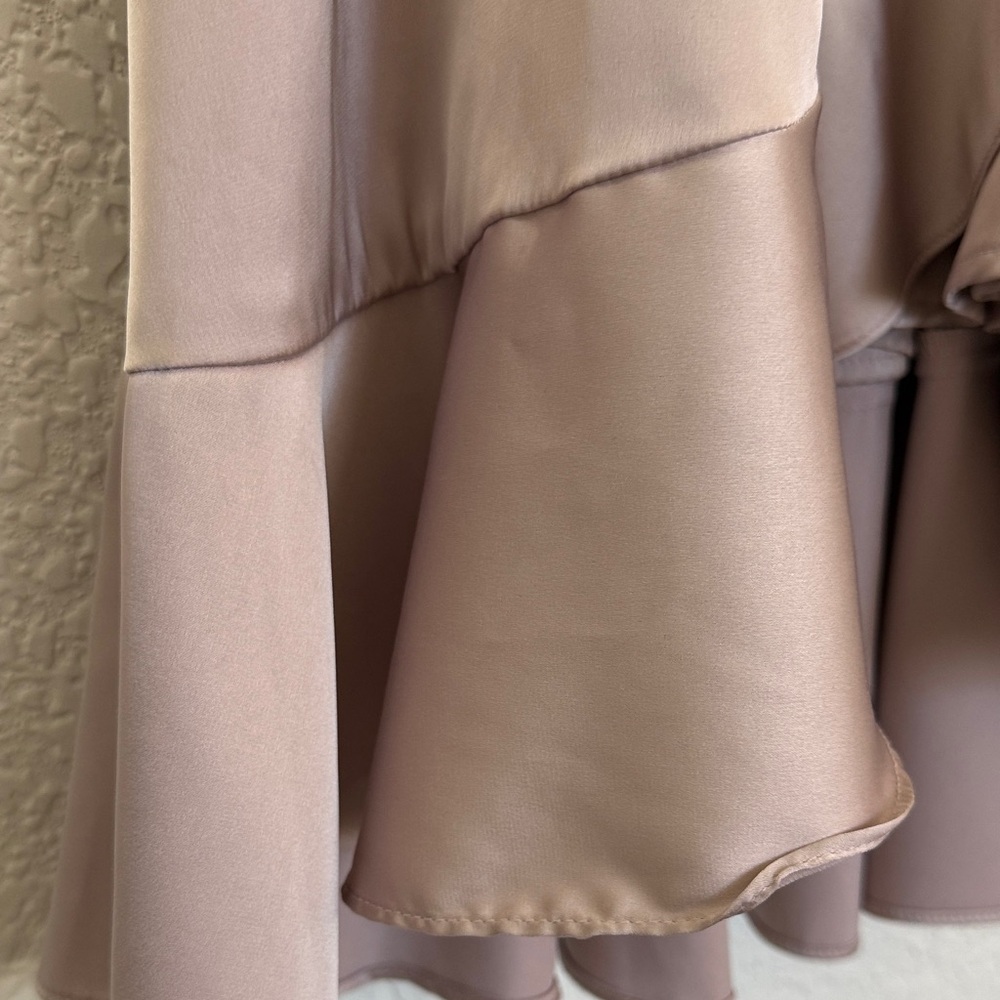 Satin‎ Wrap Dress in Champagne With Ruffled Asymmetric Hem - Picture 6 of 16